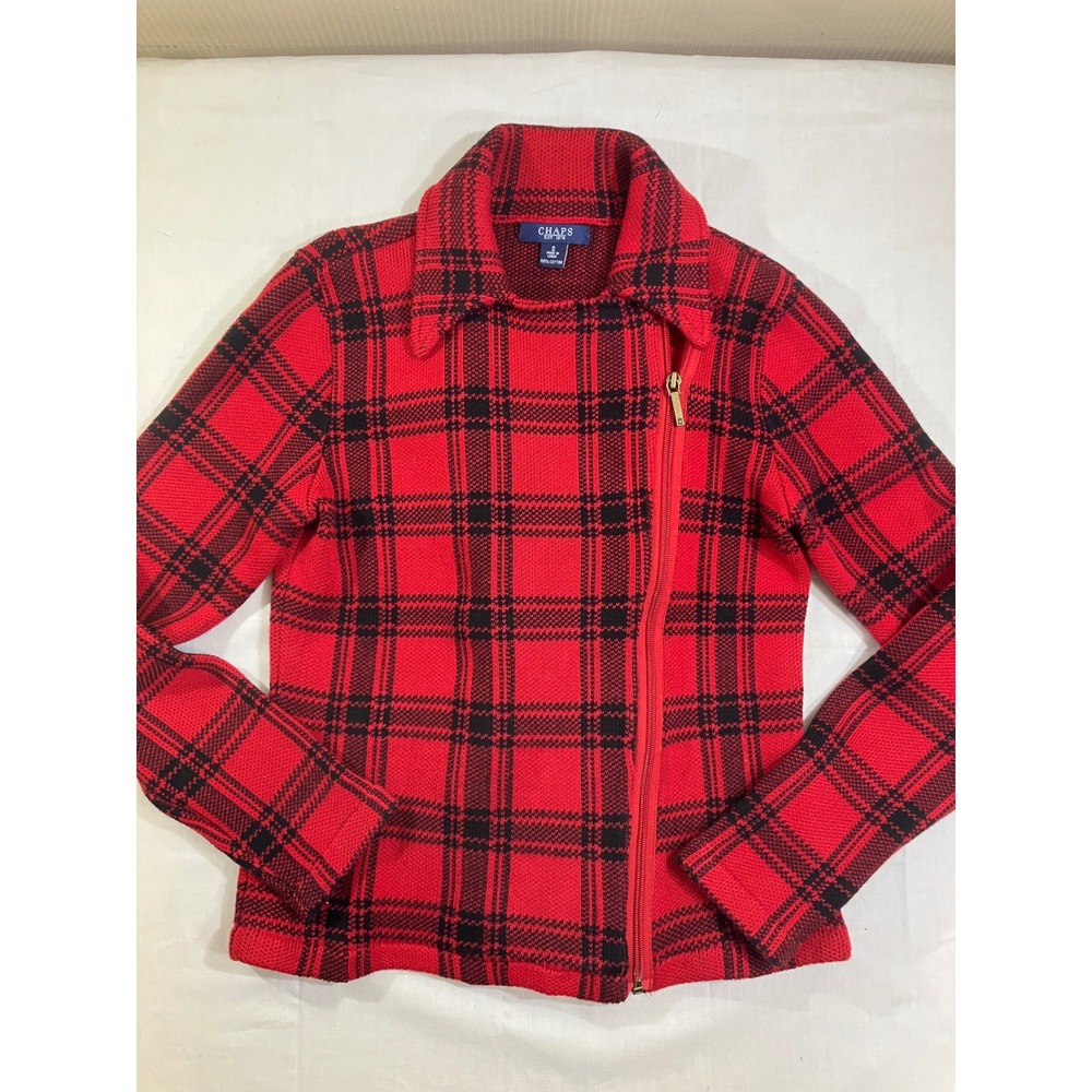 Chaps Womens Red Black Plaid Cotton Moto‎ Full Zip Sweater Jacket Small S